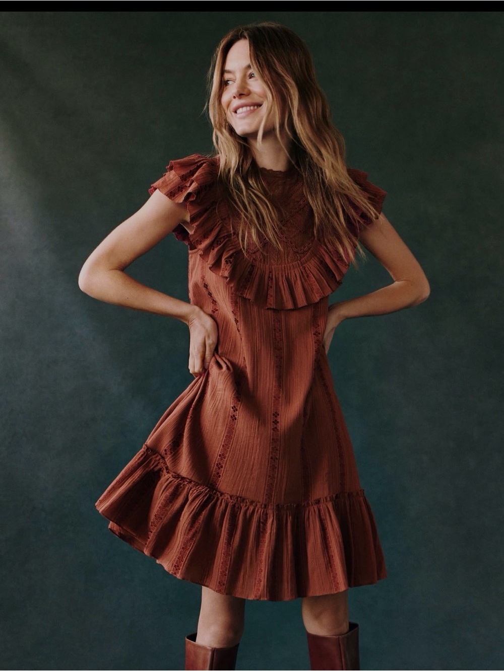 Anthropologie Othilia Rust Ruffle Lace Yoke Mini Dress - Picture 2 of 8